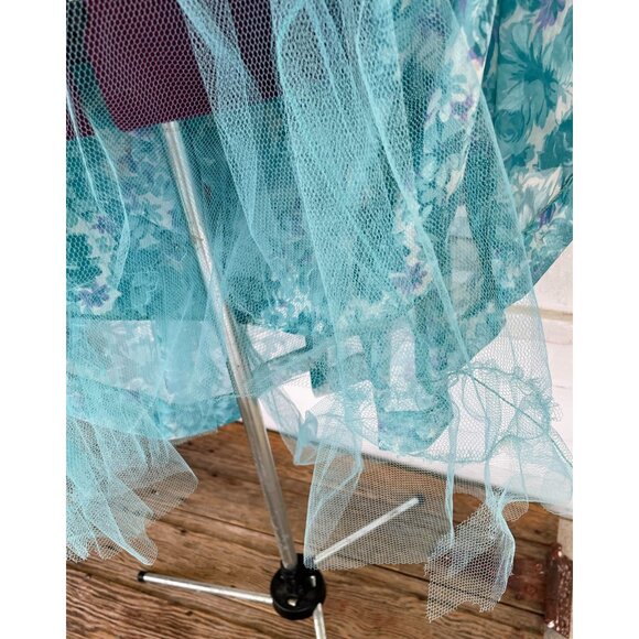 Vintage 1950d Floral  Blue Dress With Puff Sleeves Tulle Puff Skirt Sz Small - Picture 12 of 16